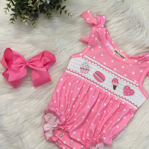 Girls Pink Polka Dot Summer Dessert Romper