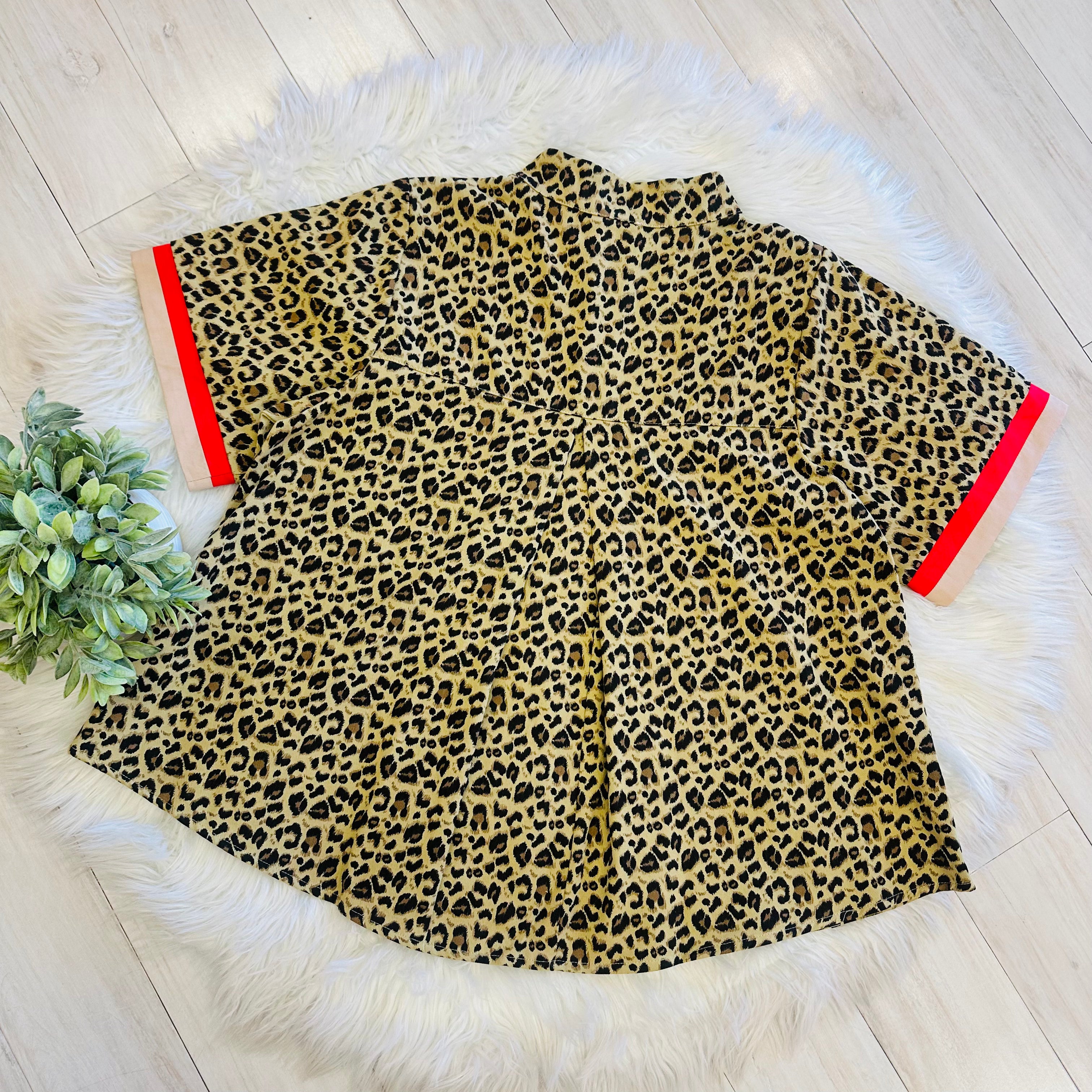 Women’s Jodifl Cheetah Print Button Down Top with Red and Tan Trim