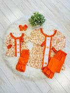 Girl’s Orange Floral Pumpkin Ruffle Pant Set