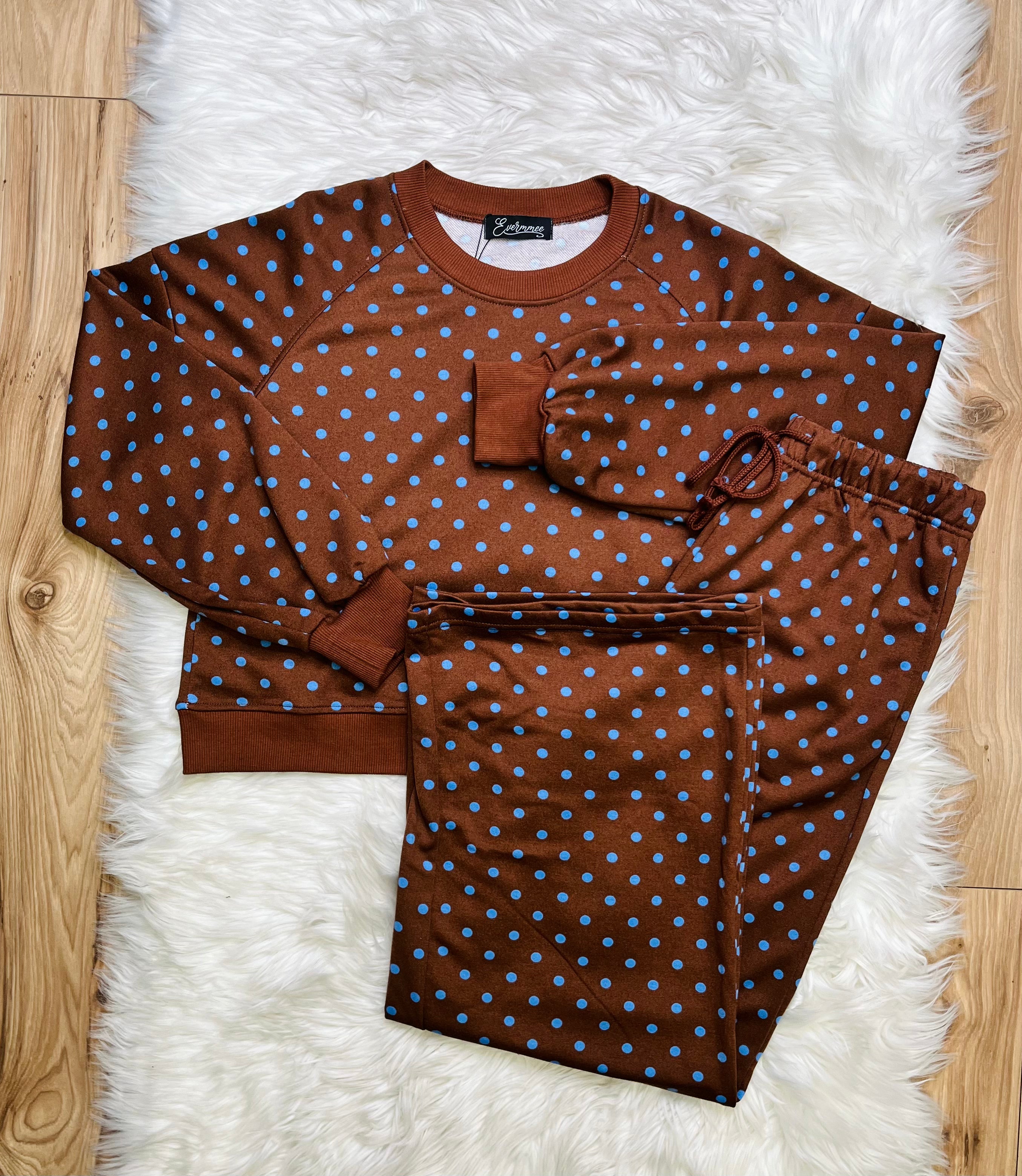 Women’s Evermmee Blue And Brown Polka Dot Set- True To Size