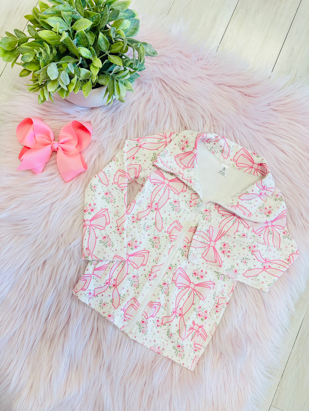 Girl’s Pink Bow Zip up Jacket and Flare Pant Set