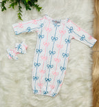 Girl’s Blue and Pink Bow Baby Gown with headband