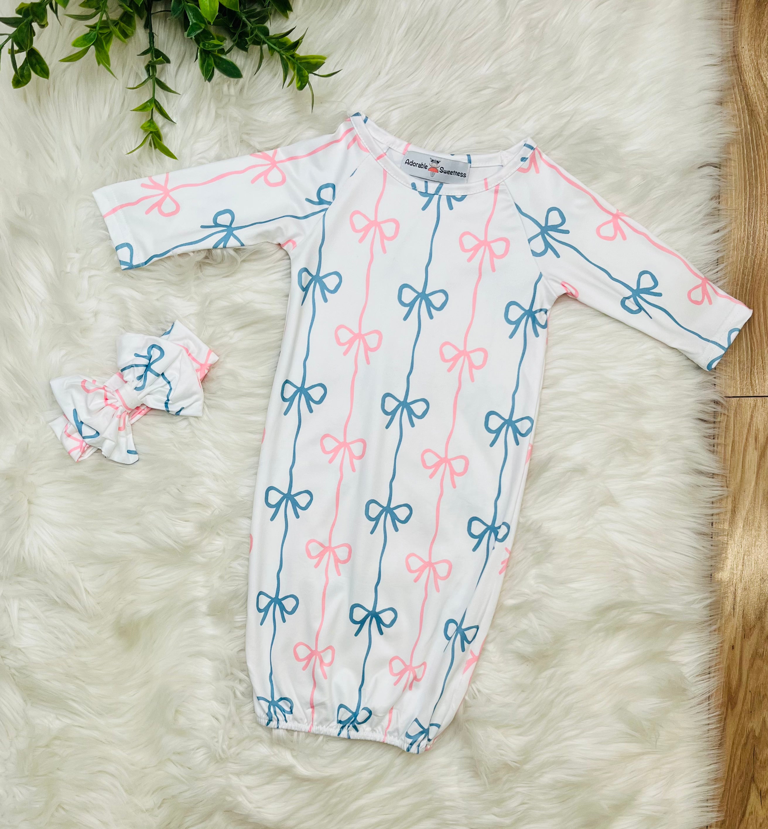 Girl’s Blue and Pink Bow Baby Gown with headband