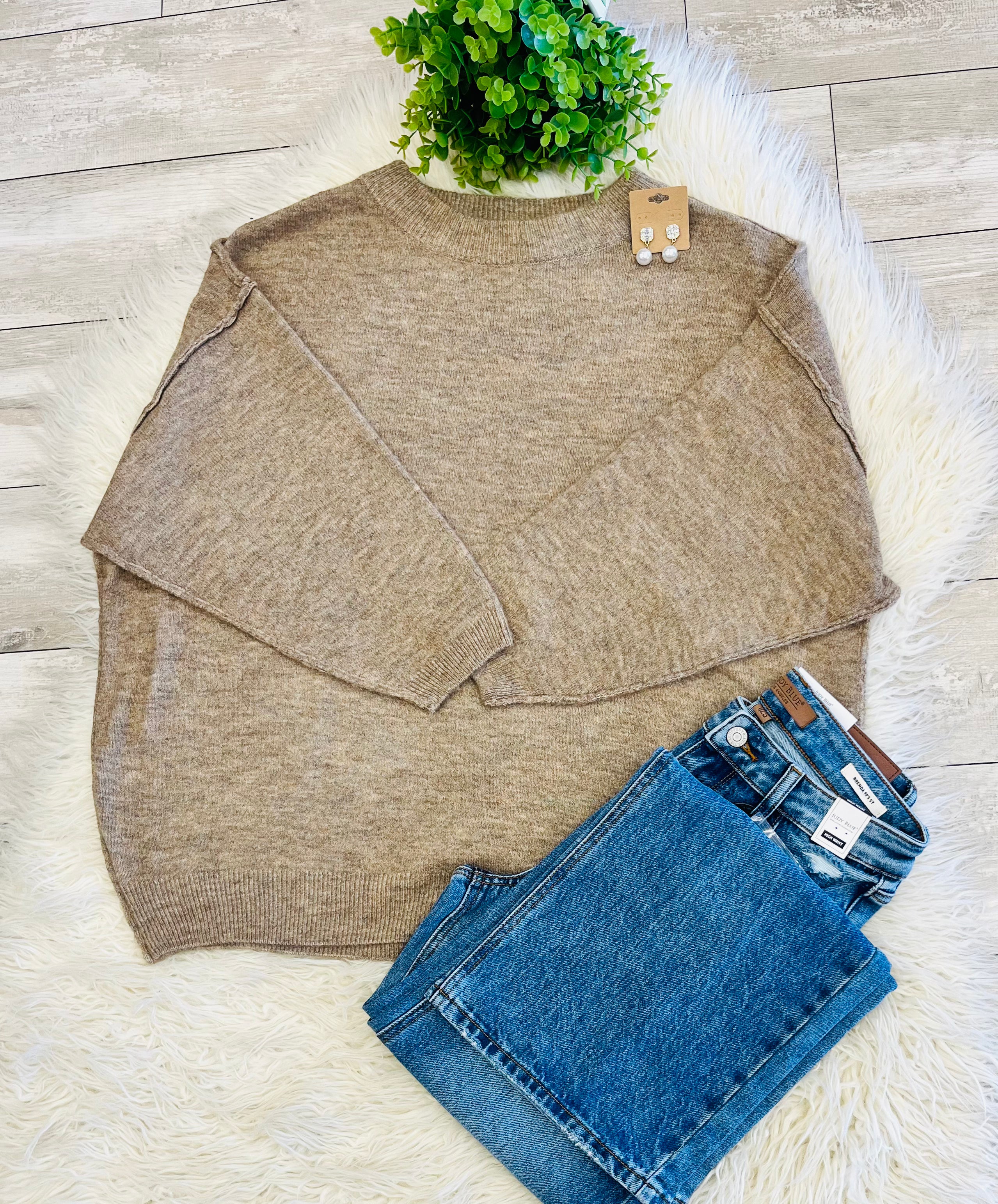 Women’s Zenana Shoulder - Drop Sweater Top in Mocha