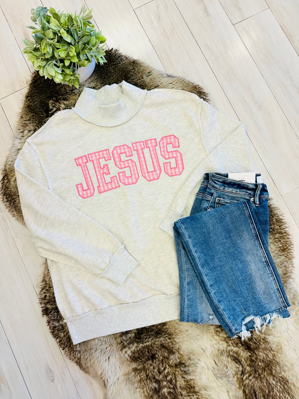Women’s Pink Gingham Print Embroidered Jesus Mockneck Pullover Top