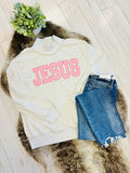 Women’s Pink Gingham Print Embroidered Jesus Mockneck Pullover Top