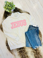 Women’s Pink Gingham Print Embroidered Jesus Mockneck Pullover Top