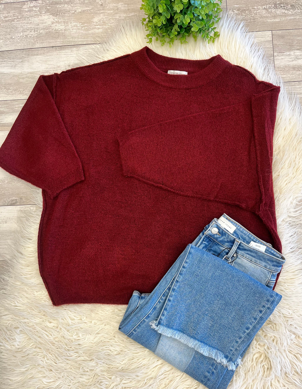 Women’s Zenana Shoulder - Drop Sweater Top in burgundy