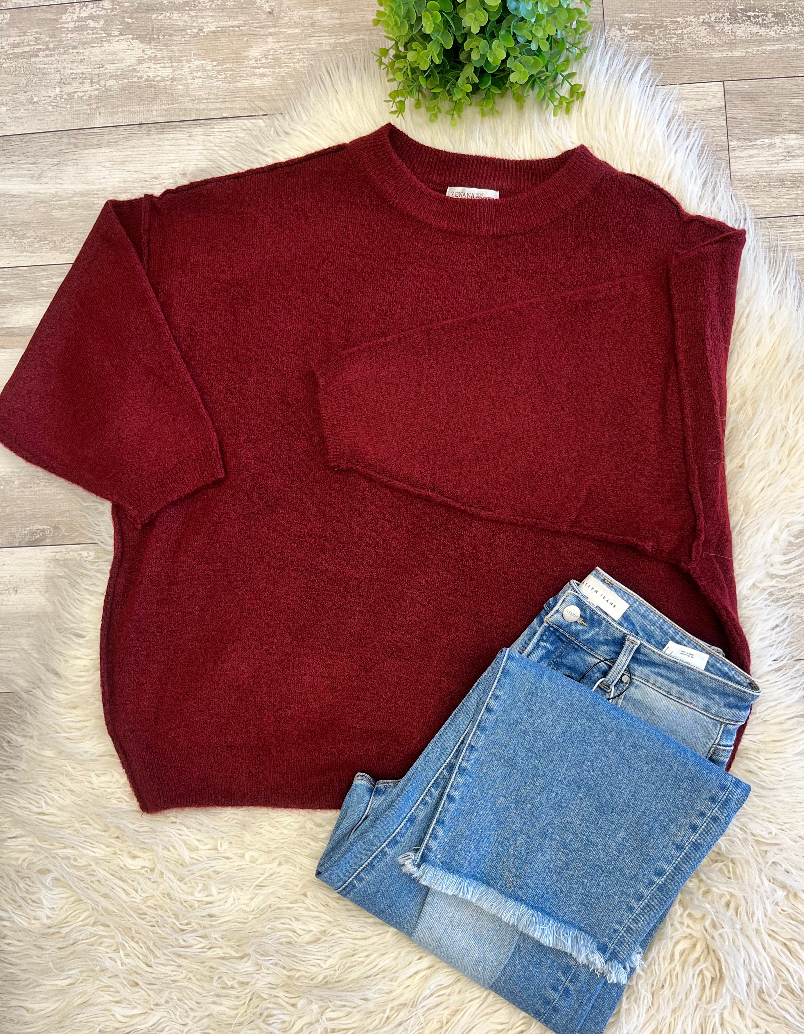Women’s Zenana Shoulder - Drop Sweater Top in burgundy