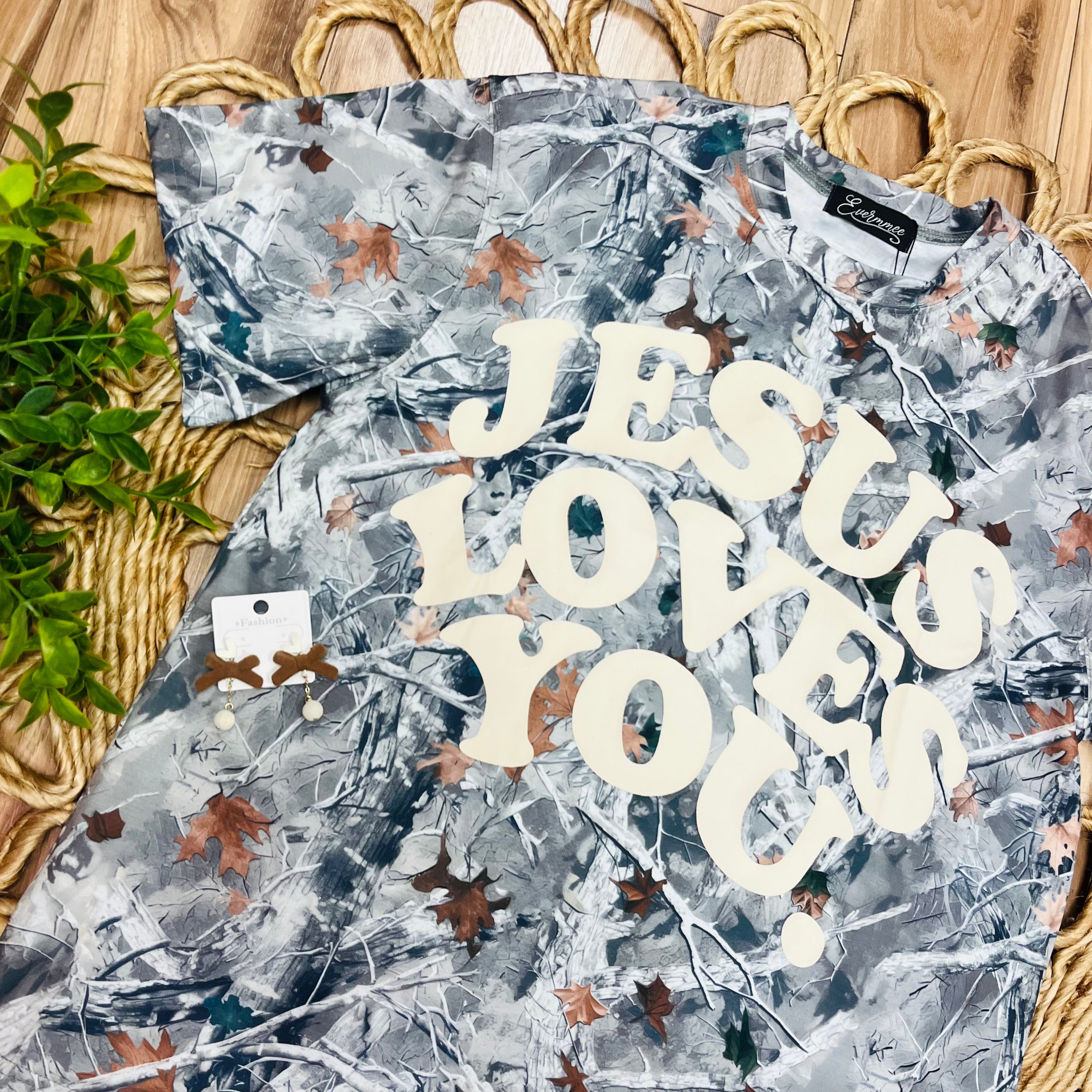 Women’s Evermmee Camo Tee “Jesus Loves You” in Yellow Print