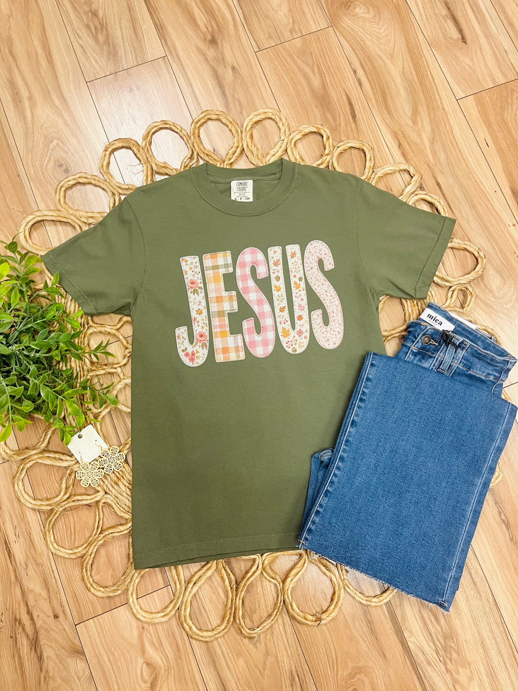 Women’s Comfort Colors Olive Green Jesus Mixed Print Tee