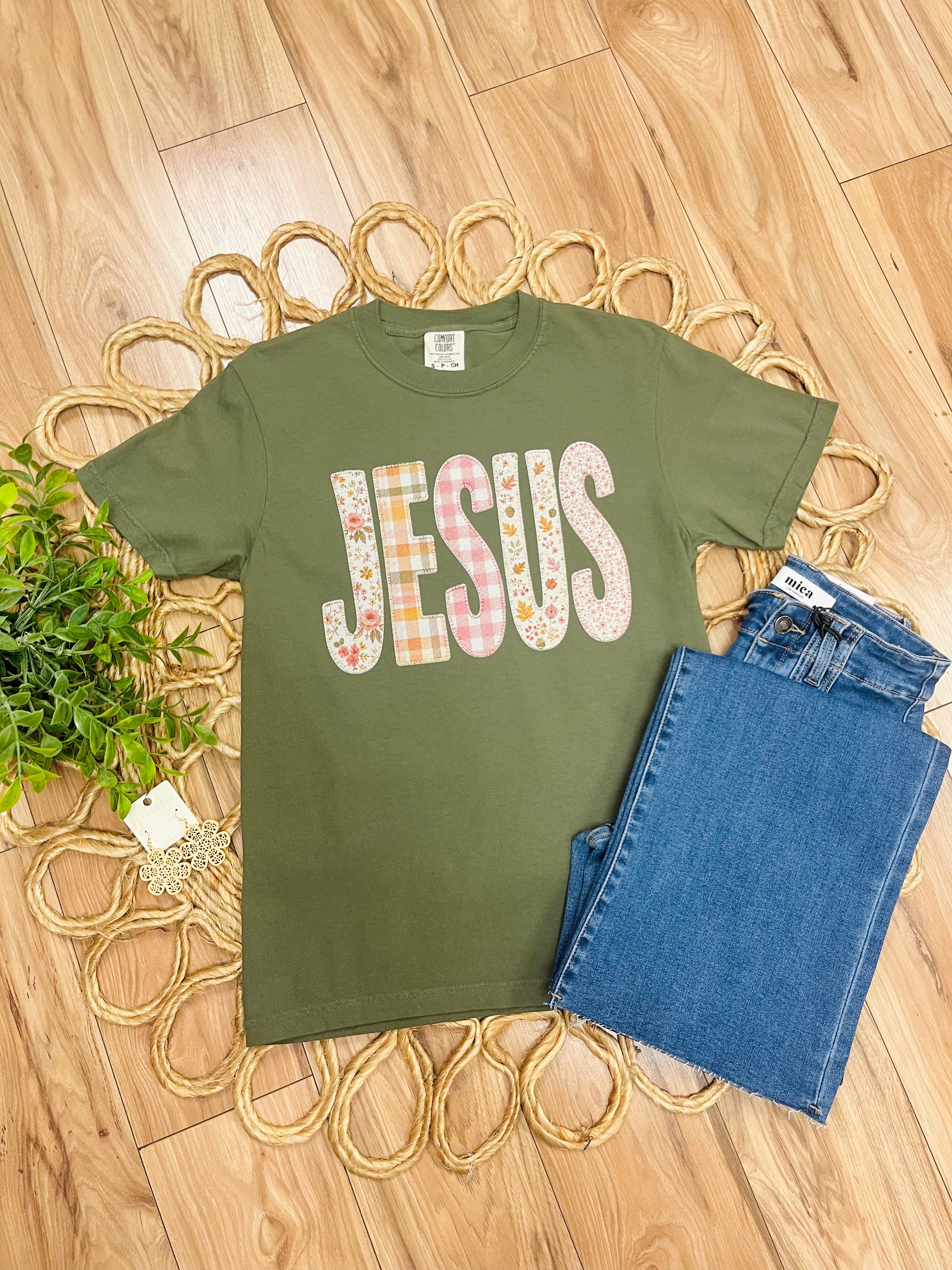 Women’s Comfort Colors Olive Green Jesus Mixed Print Tee