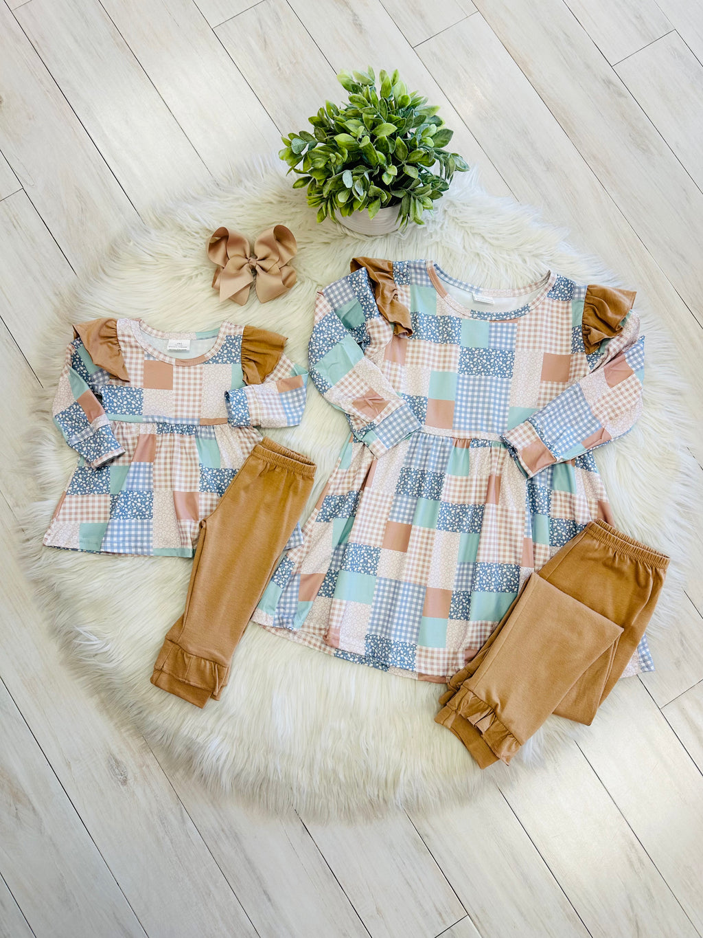 Girl’s Mixed Ruffle Patchwork Brown Pant Set