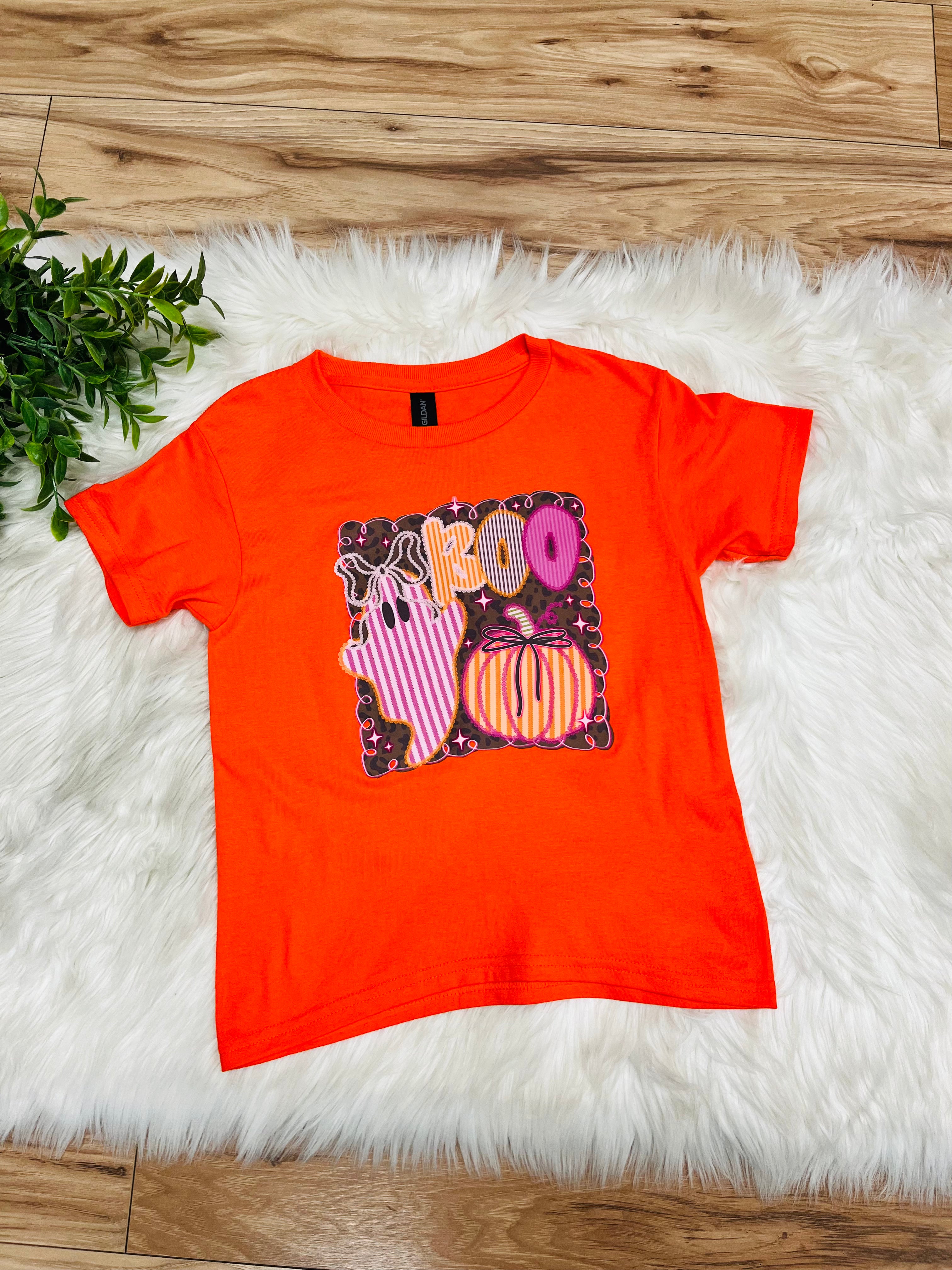 Girl’s Orange BOO Striped Halloween Tee