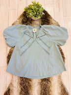 Women’s Umgee Mint Blue Puff Sleeve Top with Lace Detail- Loose Fit