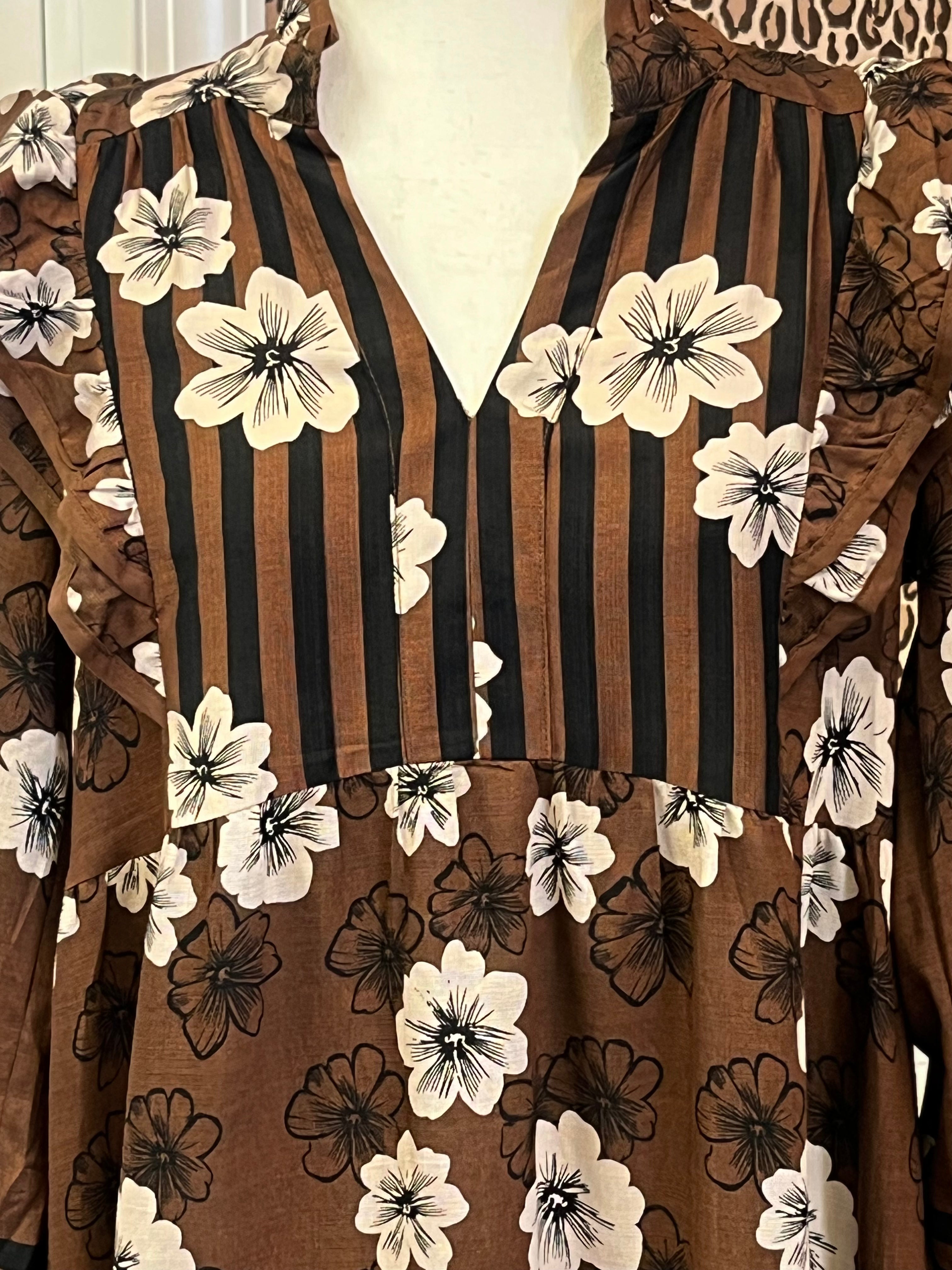 Women’s Umgee Brown Floral Ruffle Split Neck Dress