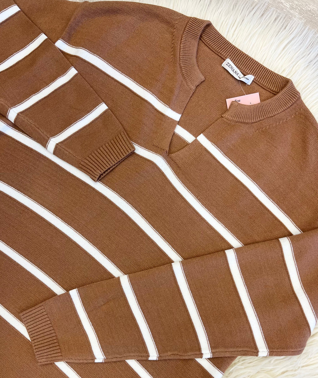 Women’s Zenana Trinity V-Neck Sweater In Dark Camel - True to Size