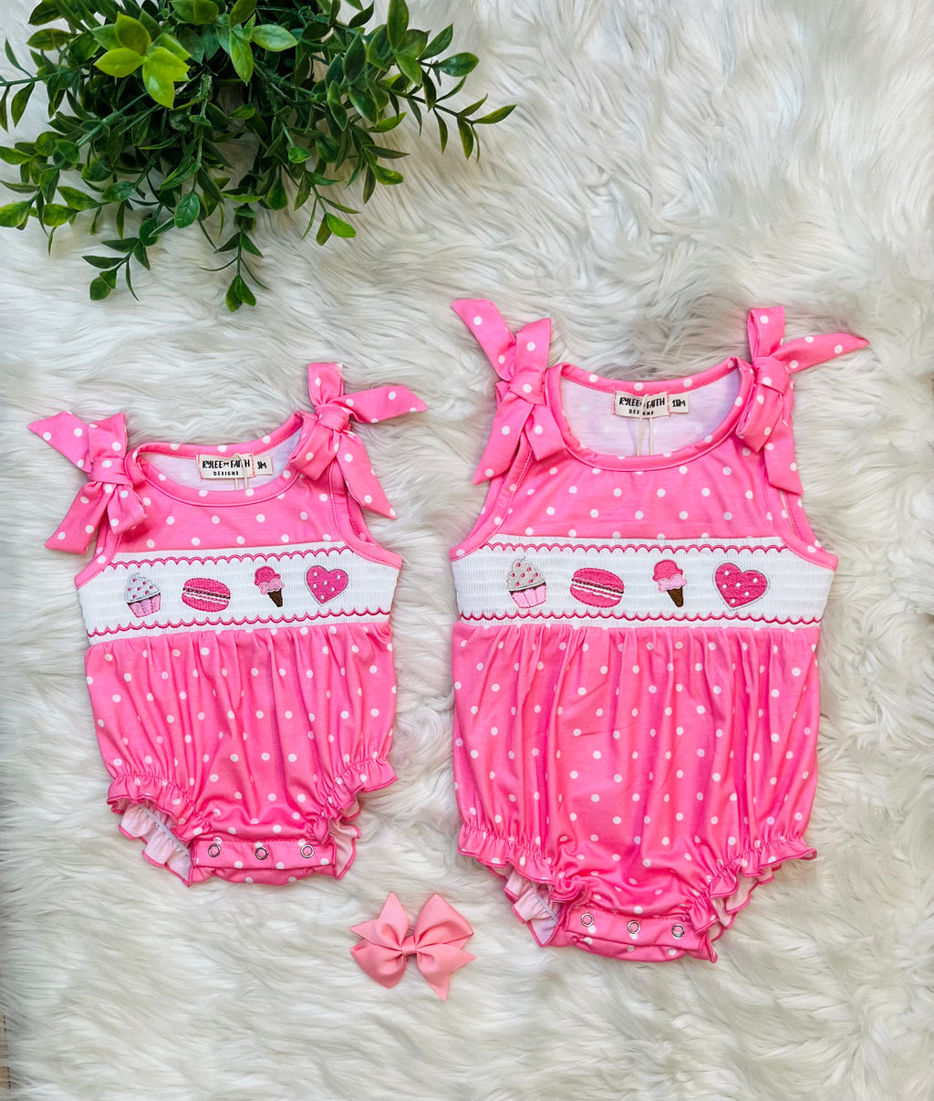 Girls Pink Polka Dot Summer Dessert Romper