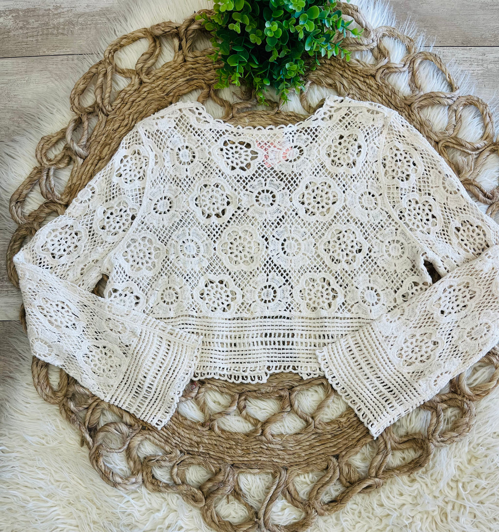 Women’s Crochet Open Front Cardigan in Color Natural - True to Size