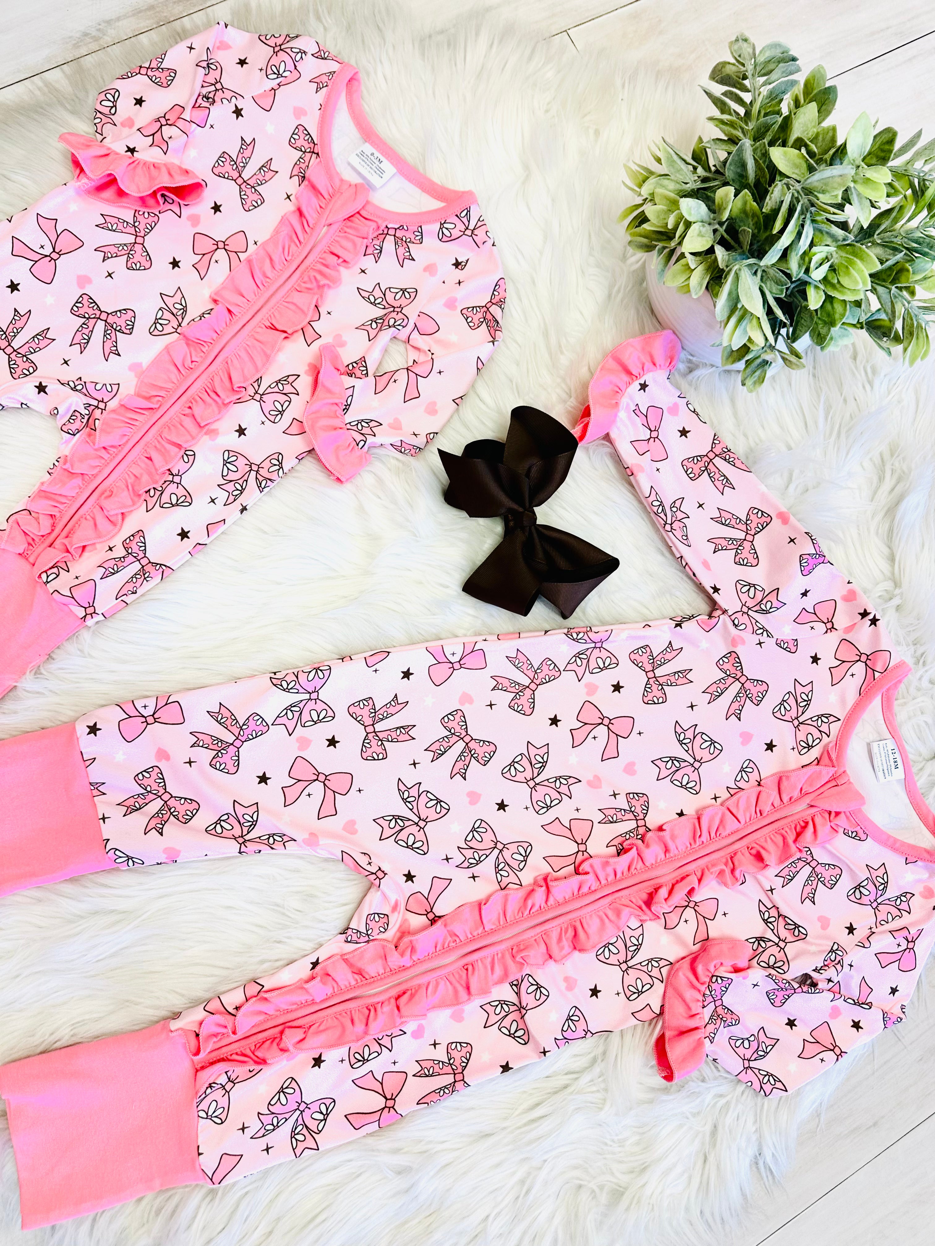 Girls Pink Bow Print Ruffle Romper