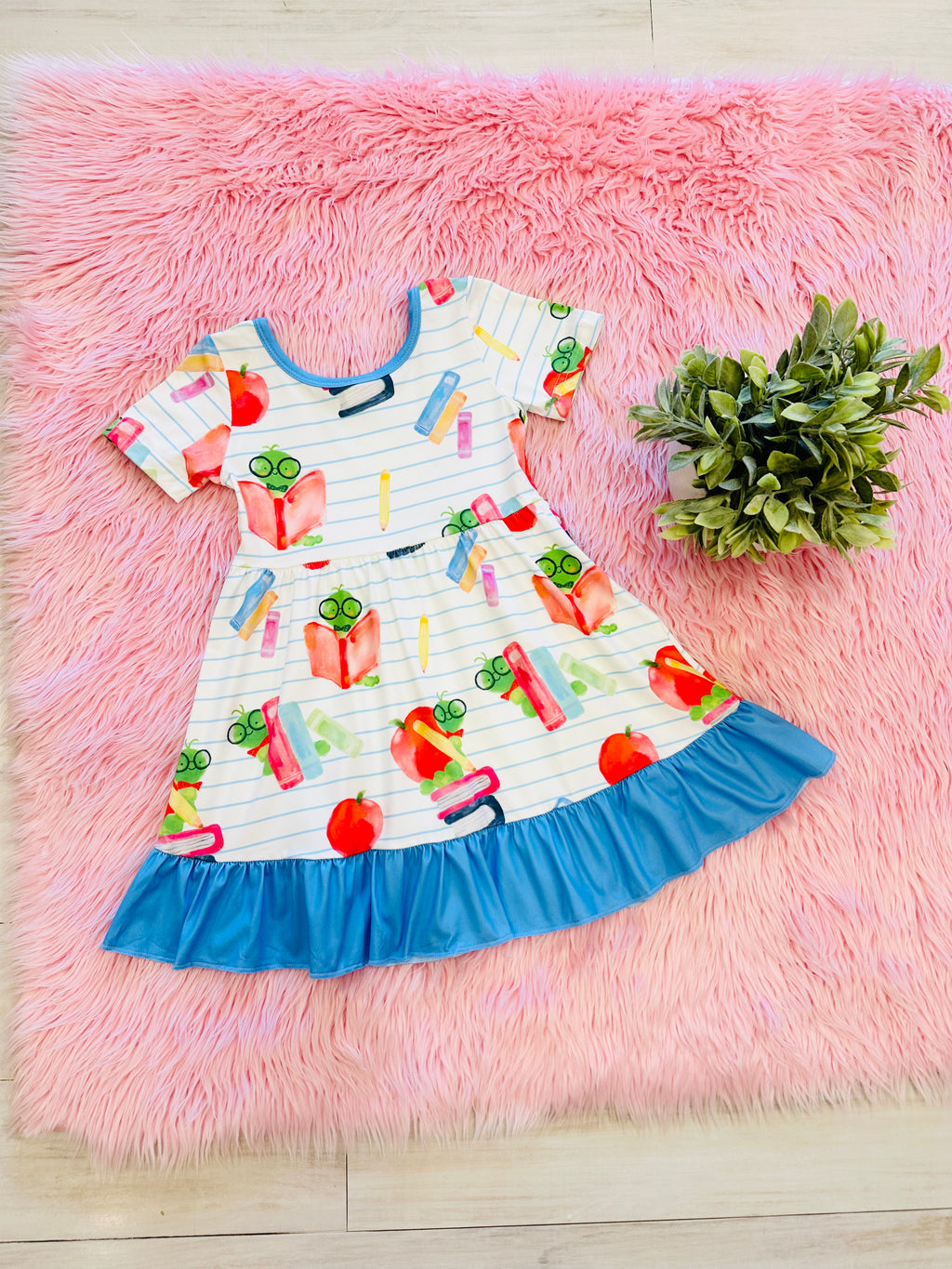 Girl’s Bookworm School Dress with Blue Trim