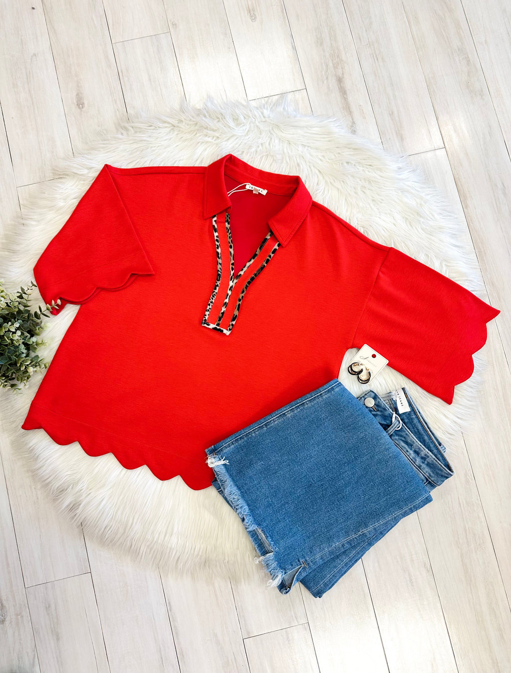 Women’s Red Scalloped Trim Top with Leopard Print Detail by Jodifl- Loose Fit