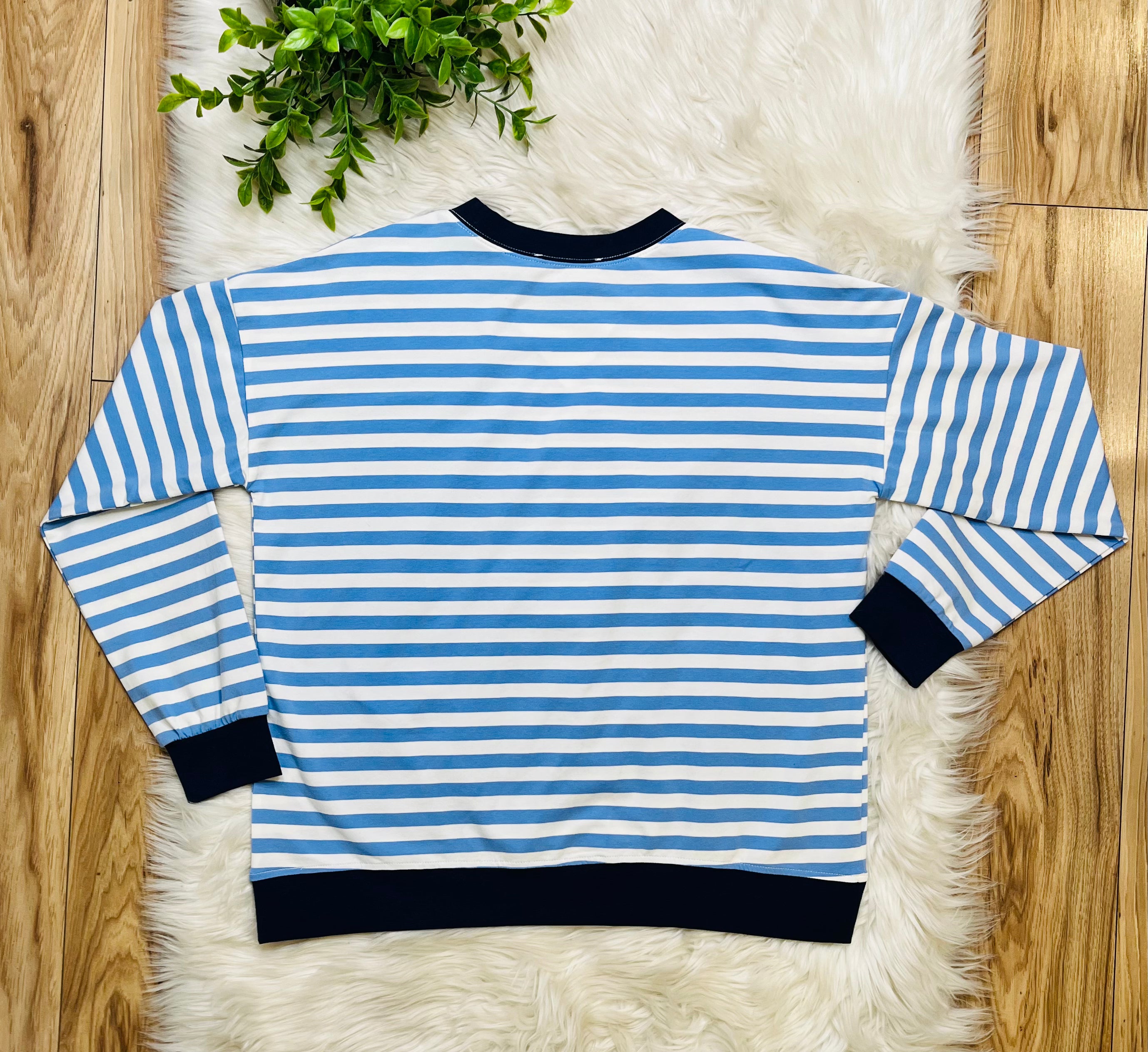 Women’s Cornflower Blue and Navy Stripe Top- Loose Fit