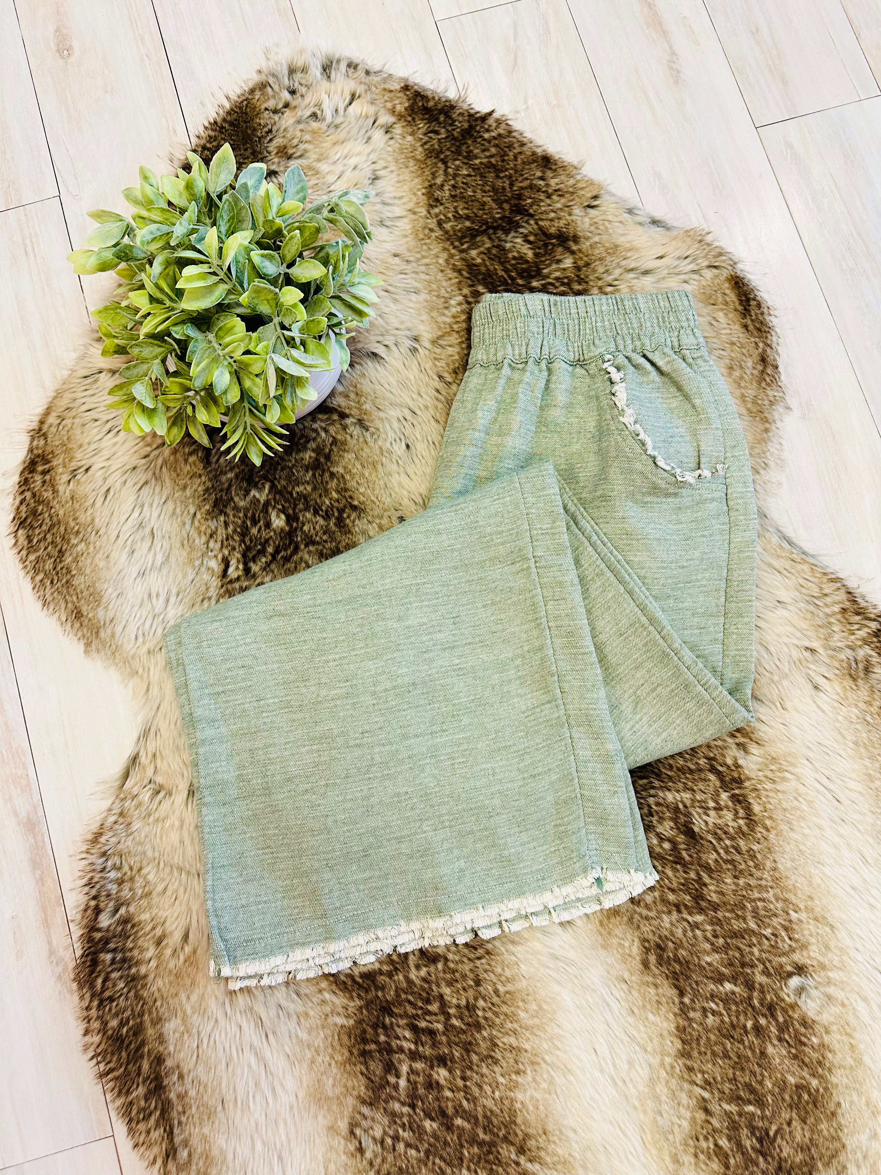 Women’s Umgee Sage Wide Leg Pants with Frayed Hem- Loose Fit