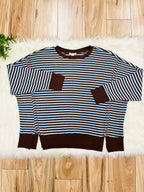 Women’s Dark Brown & Blue Stripe Exposed Seam Split Hem Top by Blu Pepper- Loose Fit