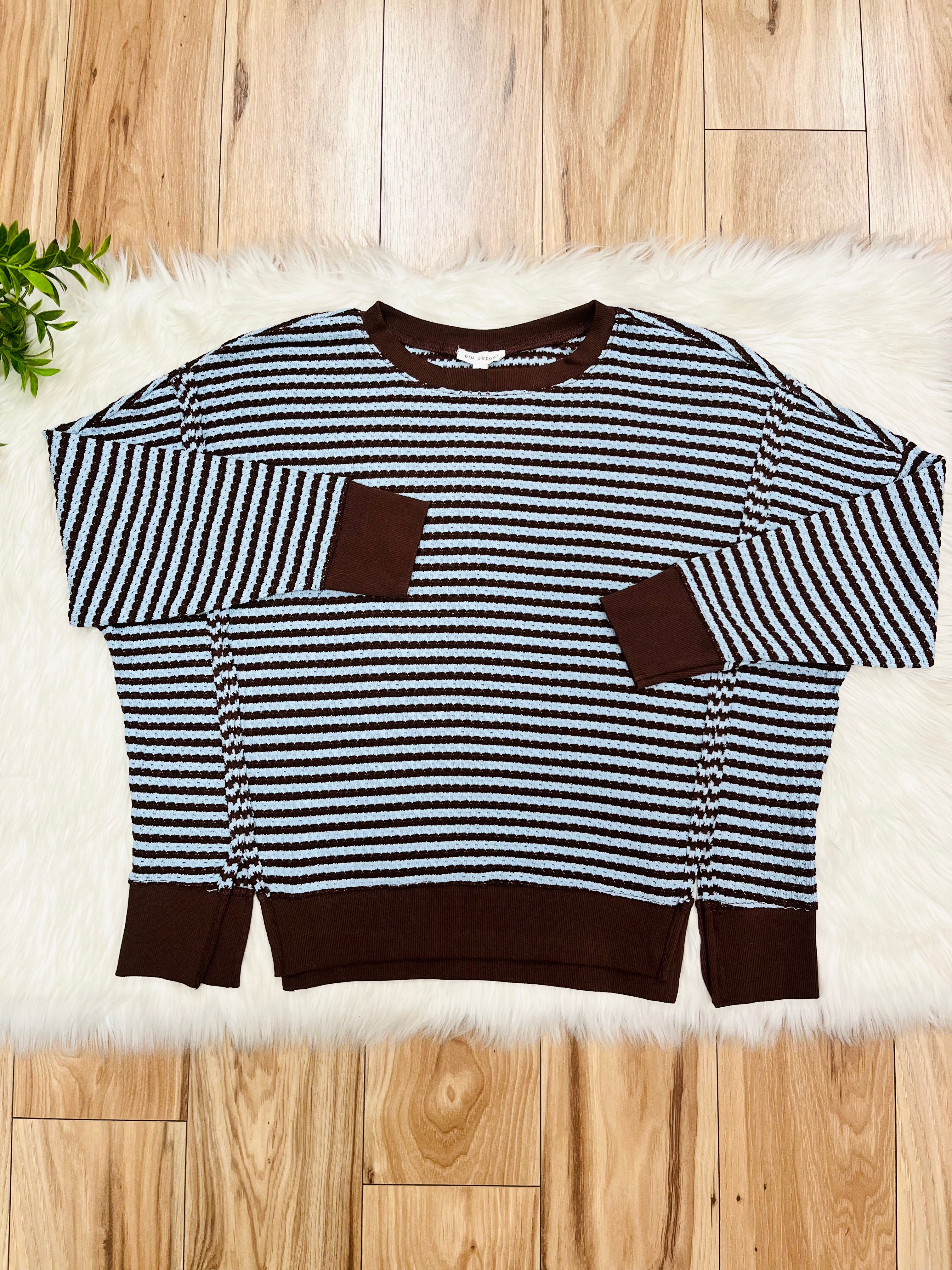 Women’s Dark Brown & Blue Stripe Exposed Seam Split Hem Top by Blu Pepper- Loose Fit