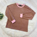 Women’s Brown Checkered Short Set with Light Pink Trim
