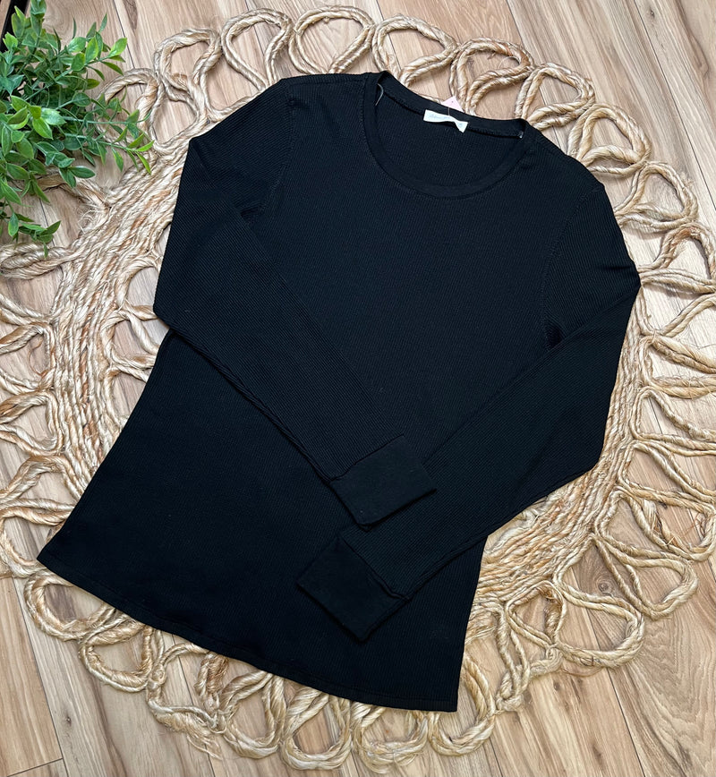 Active Basic Black Waffle Long Sleeve Top