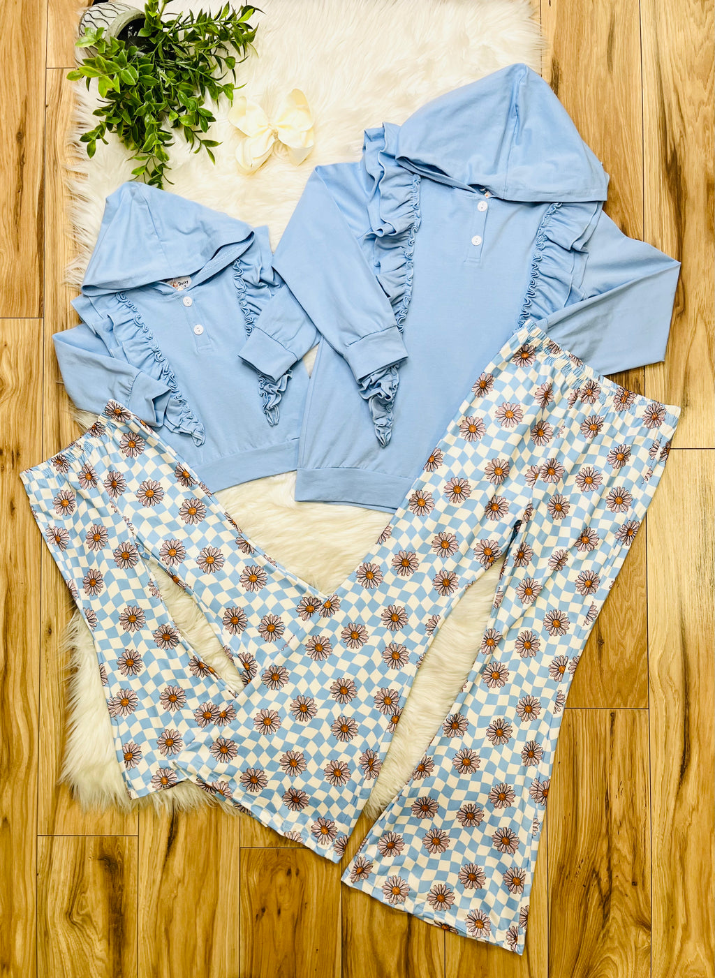 Girl’s Blue Hoodie Checkered Pant Set