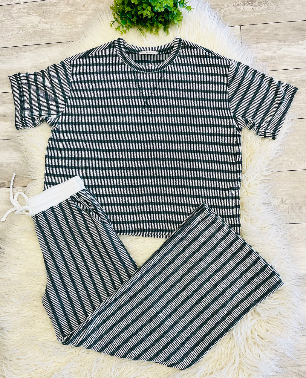 Women’s Zenana Green Ribbed Drop - Shoulder Two Piece Set