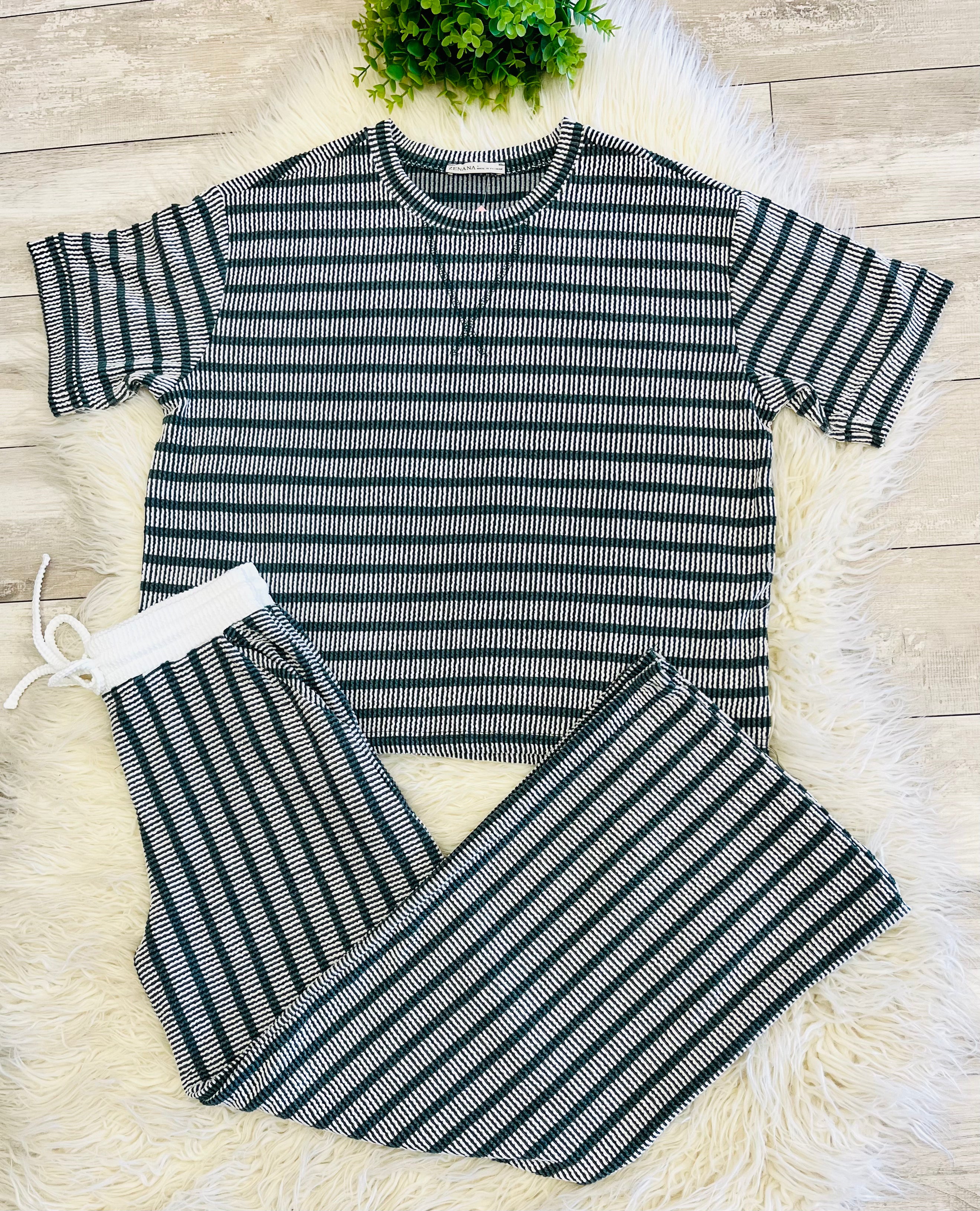 Women’s Zenana Green Ribbed Drop - Shoulder Two Piece Set