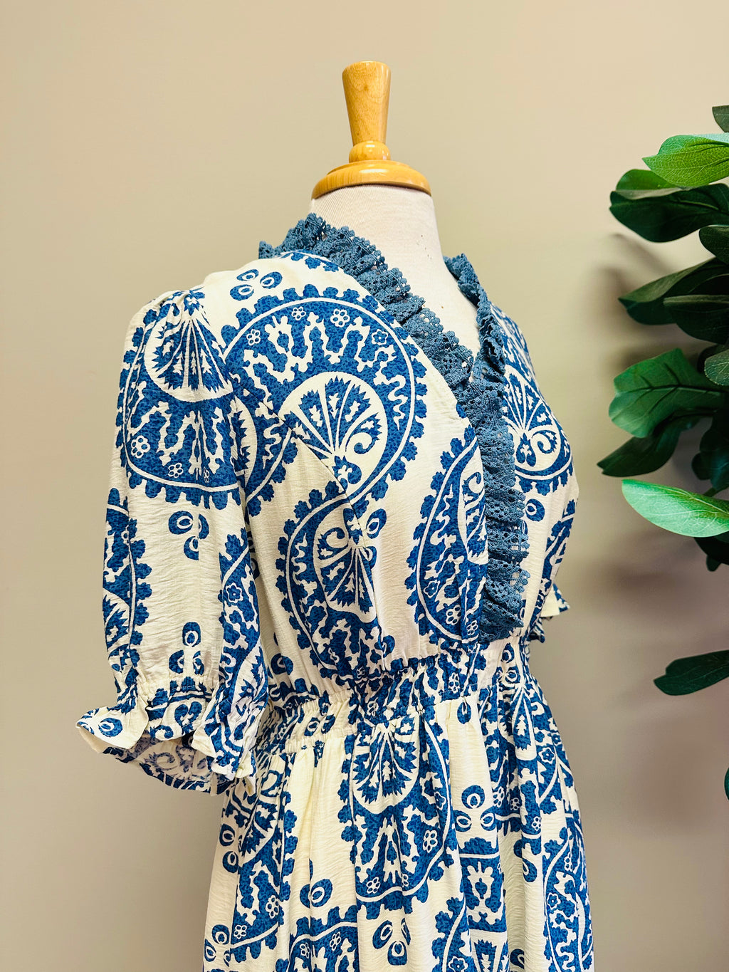 Women’s Umgee Blue Paisley Print Dress with Smocked Waist- True to Size