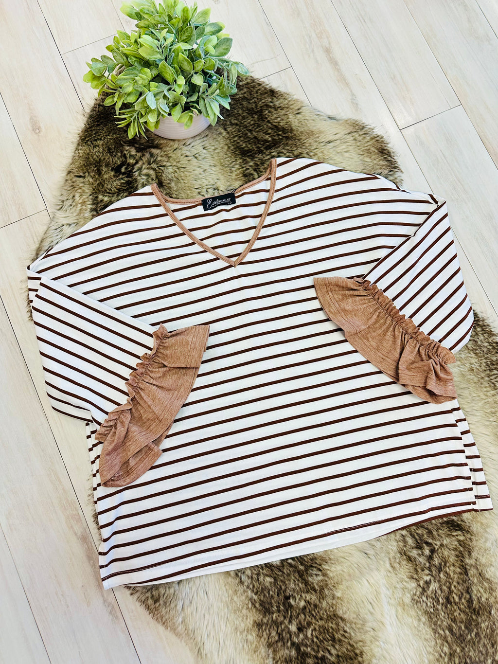 Women’s Evermmee Brown Stripe Set with Ruffle Trim Detail- Oversized