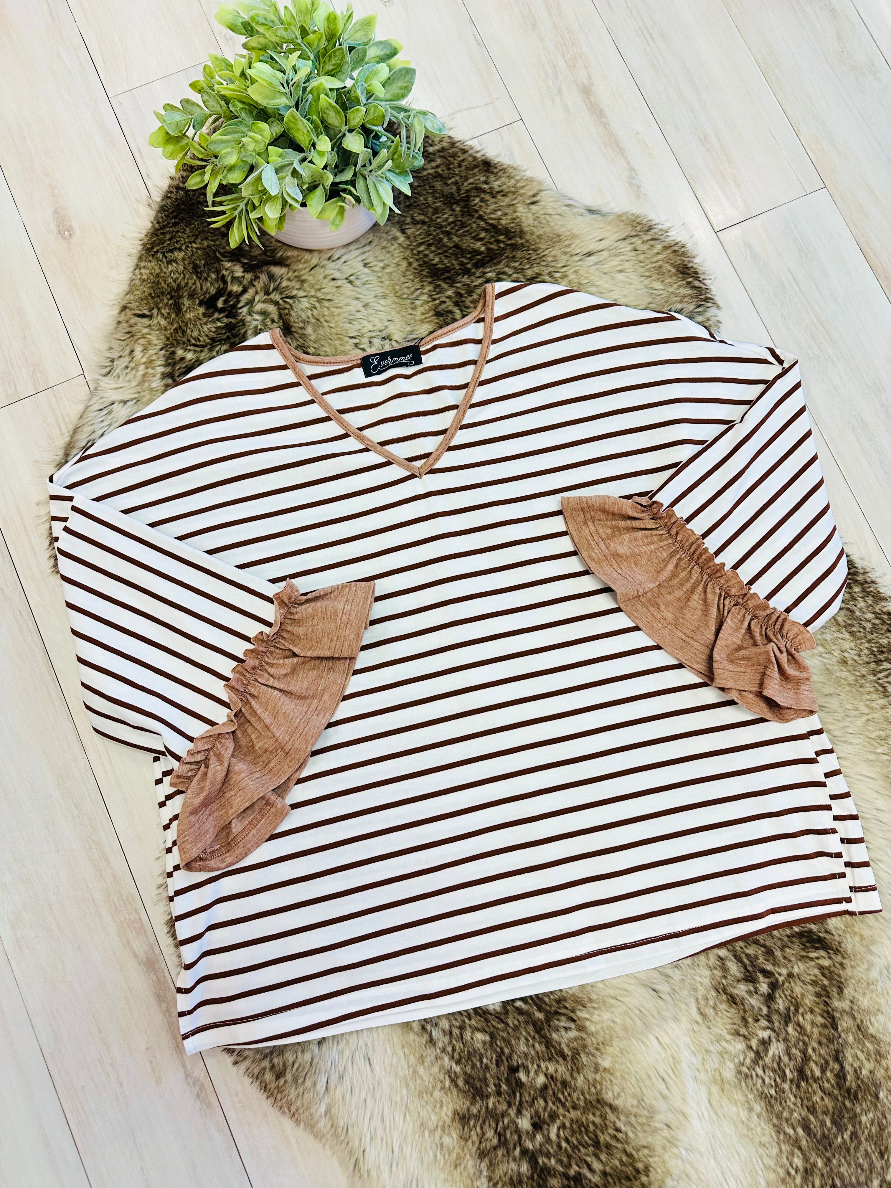 Women’s Evermmee Brown Stripe Set with Ruffle Trim Detail- Oversized