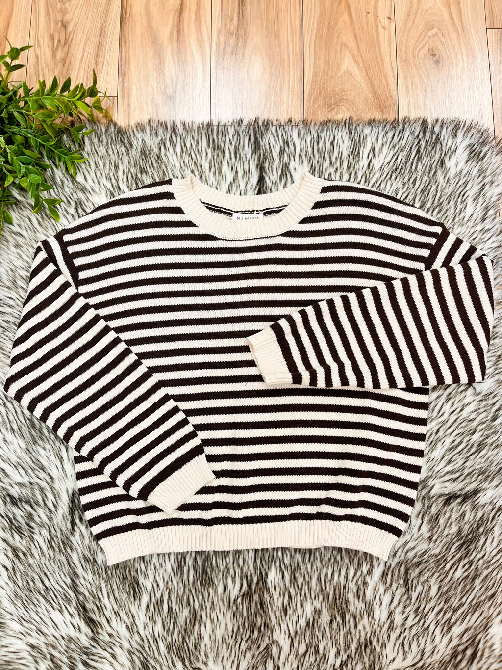 Women’s Stripe Dark Brown & Cream Relaxed Sweater Top by Blu Pepper- Loose Fit
