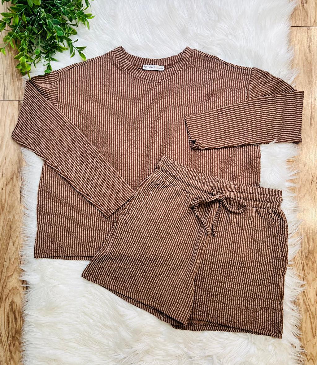 Women’s Zenana Brown Ribbed Short Set