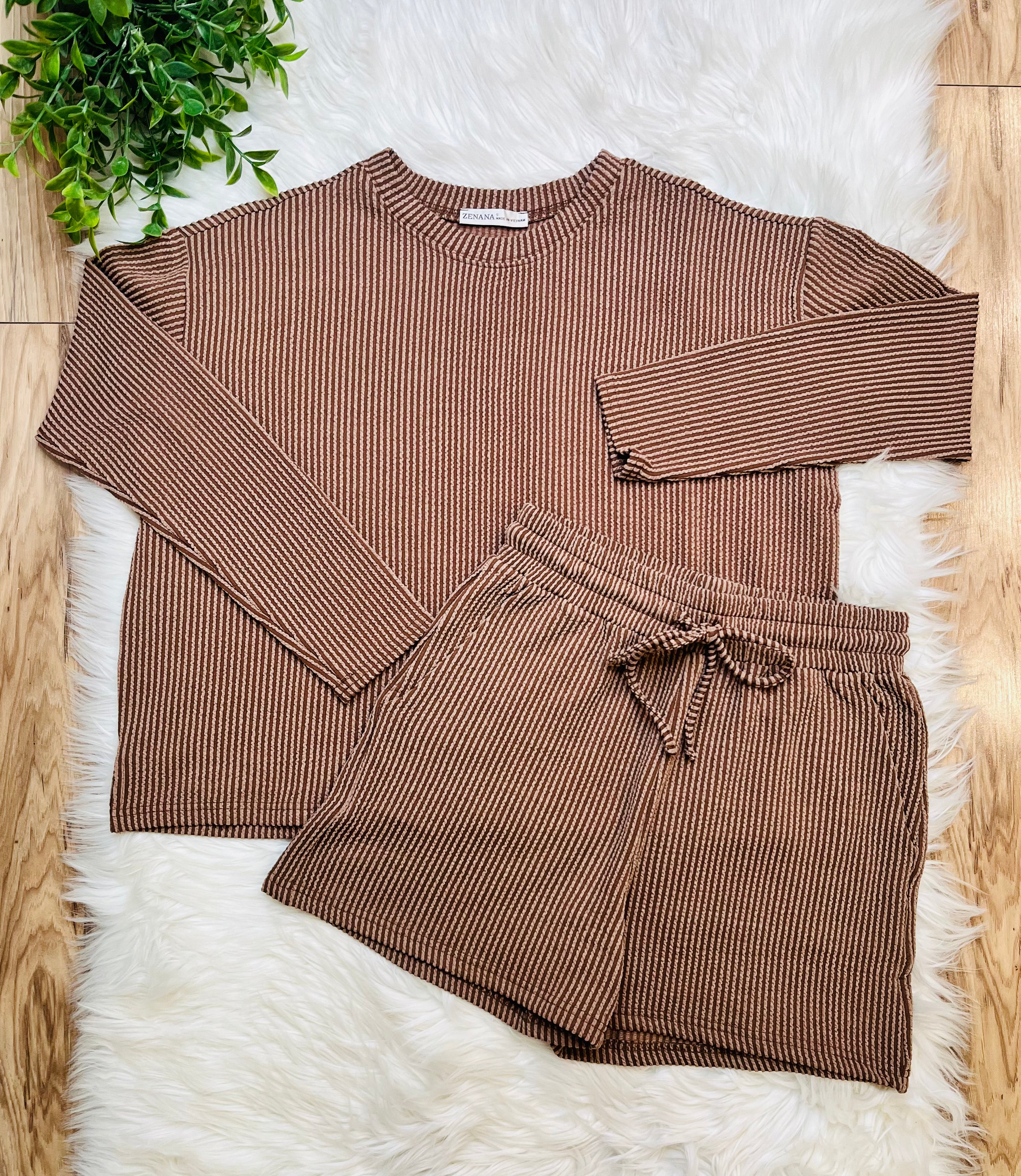Women’s Zenana Brown Ribbed Short Set