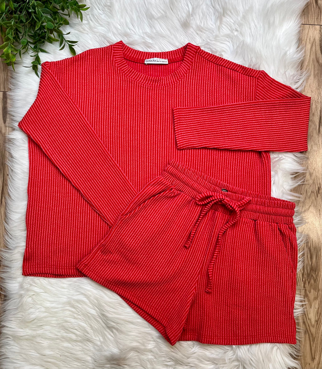 Women’s Zenana Red Ribbed Short Set