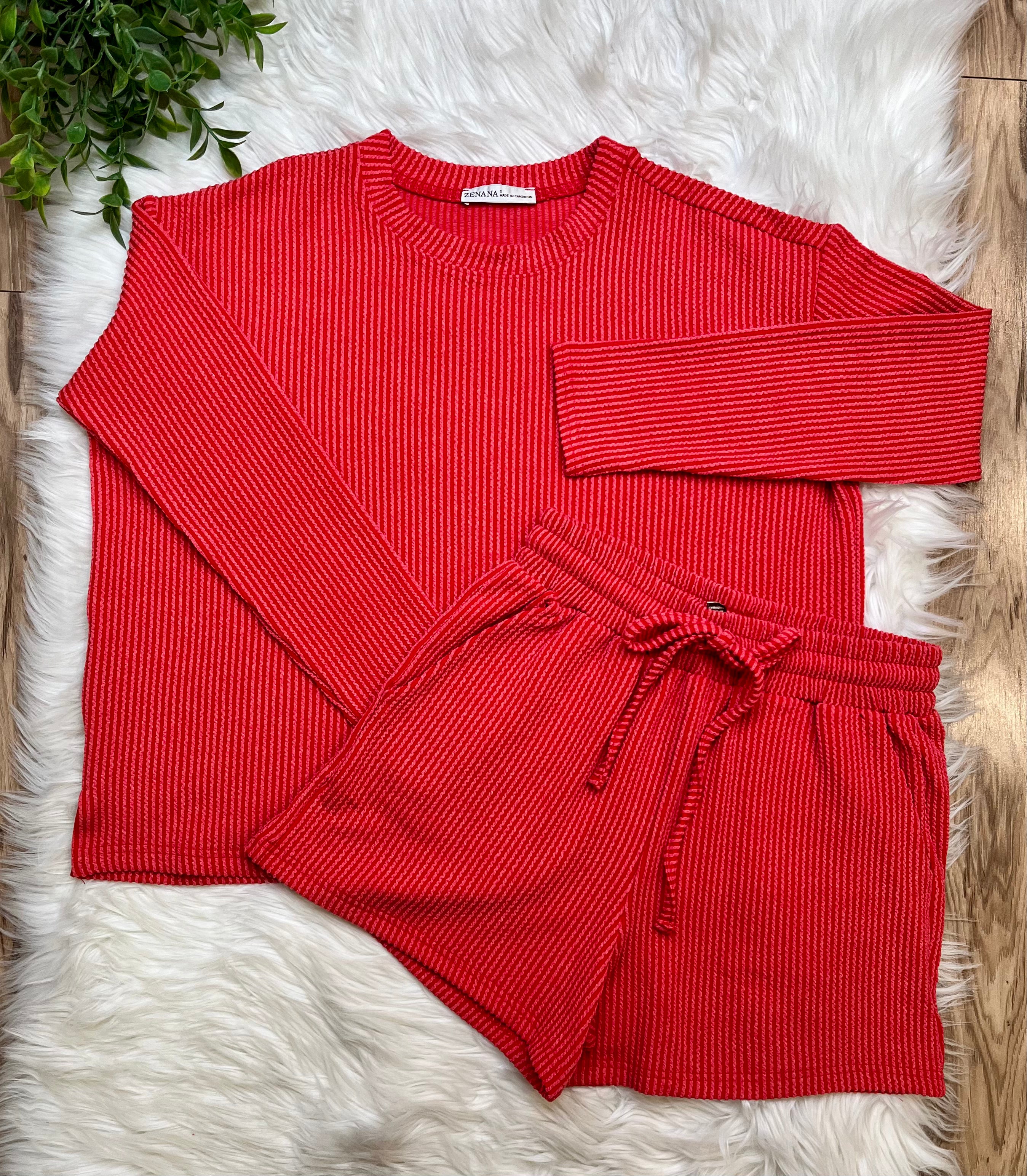 Women’s Zenana Red Ribbed Short Set