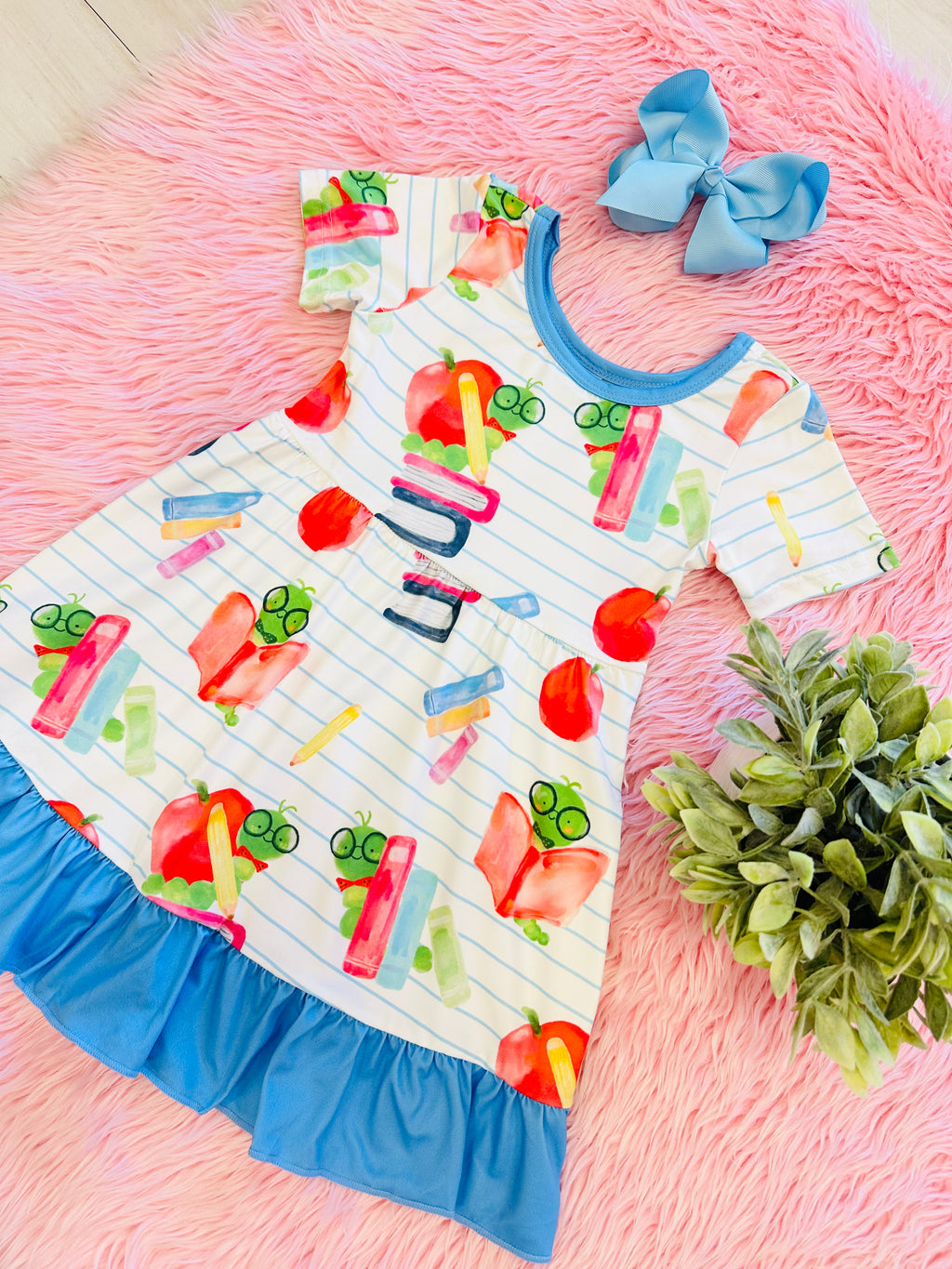 Girl’s Bookworm School Dress with Blue Trim
