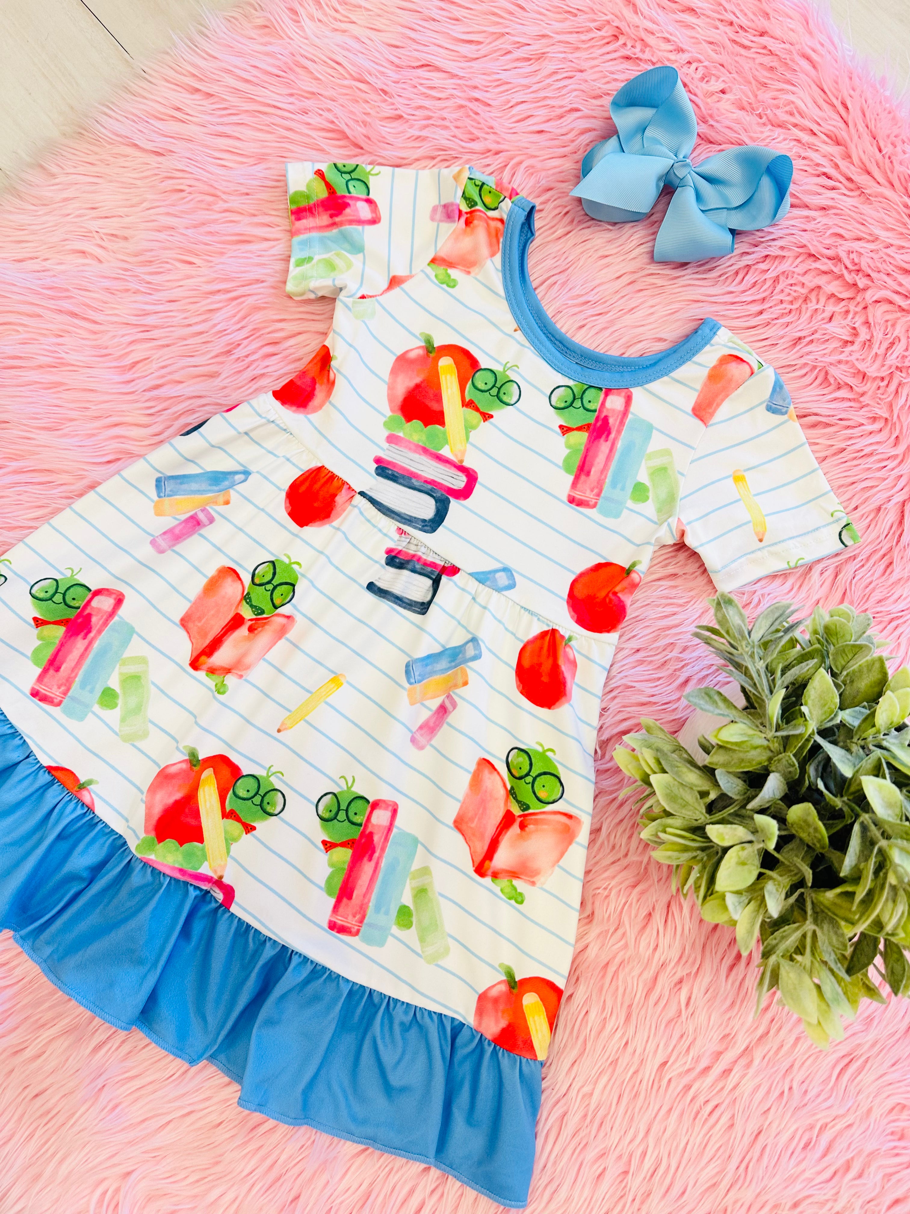 Girl’s Bookworm School Dress with Blue Trim