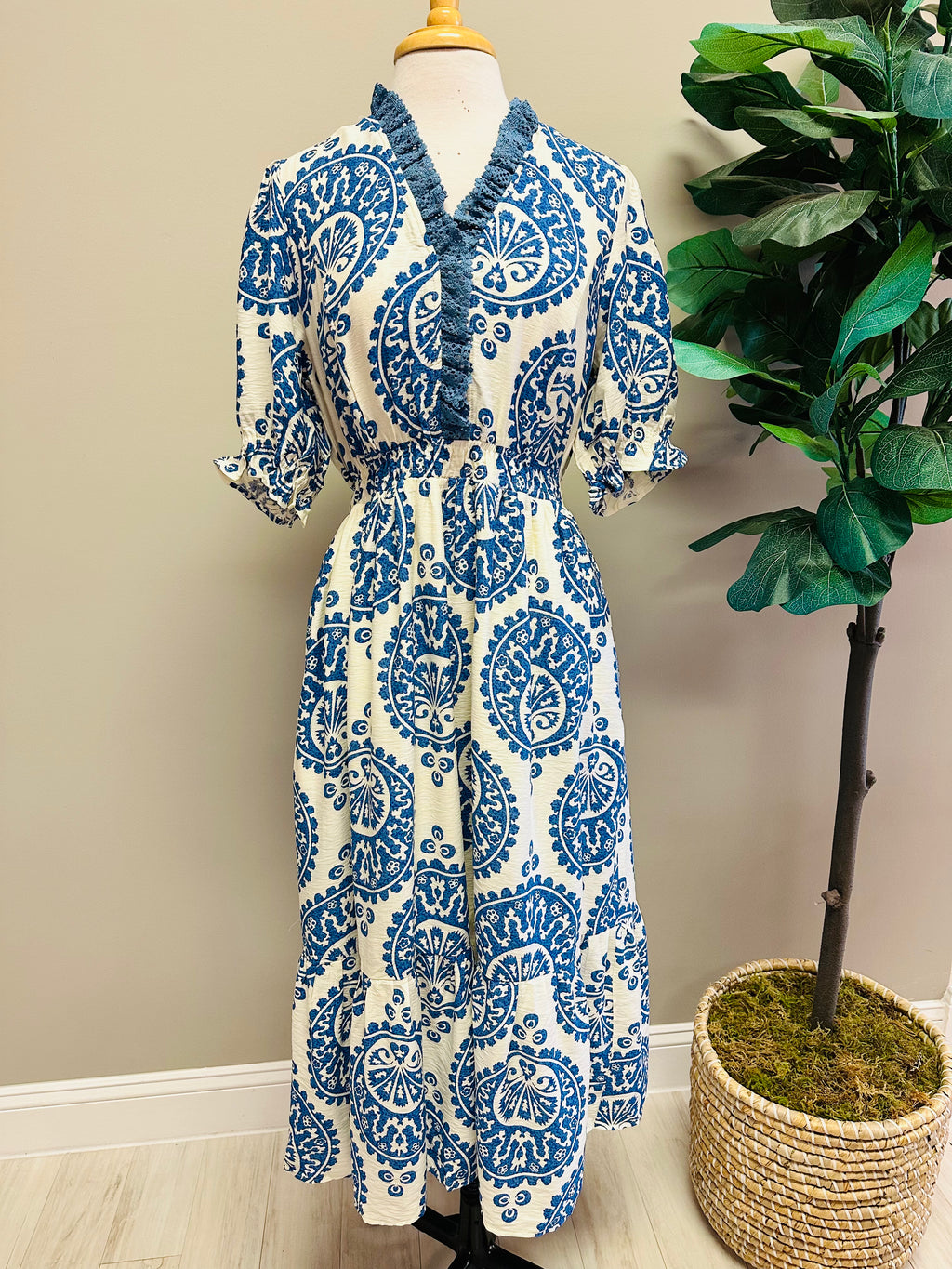 Women’s Umgee Blue Paisley Print Dress with Smocked Waist- True to Size