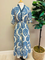 Women’s Umgee Blue Paisley Print Dress with Smocked Waist- True to Size