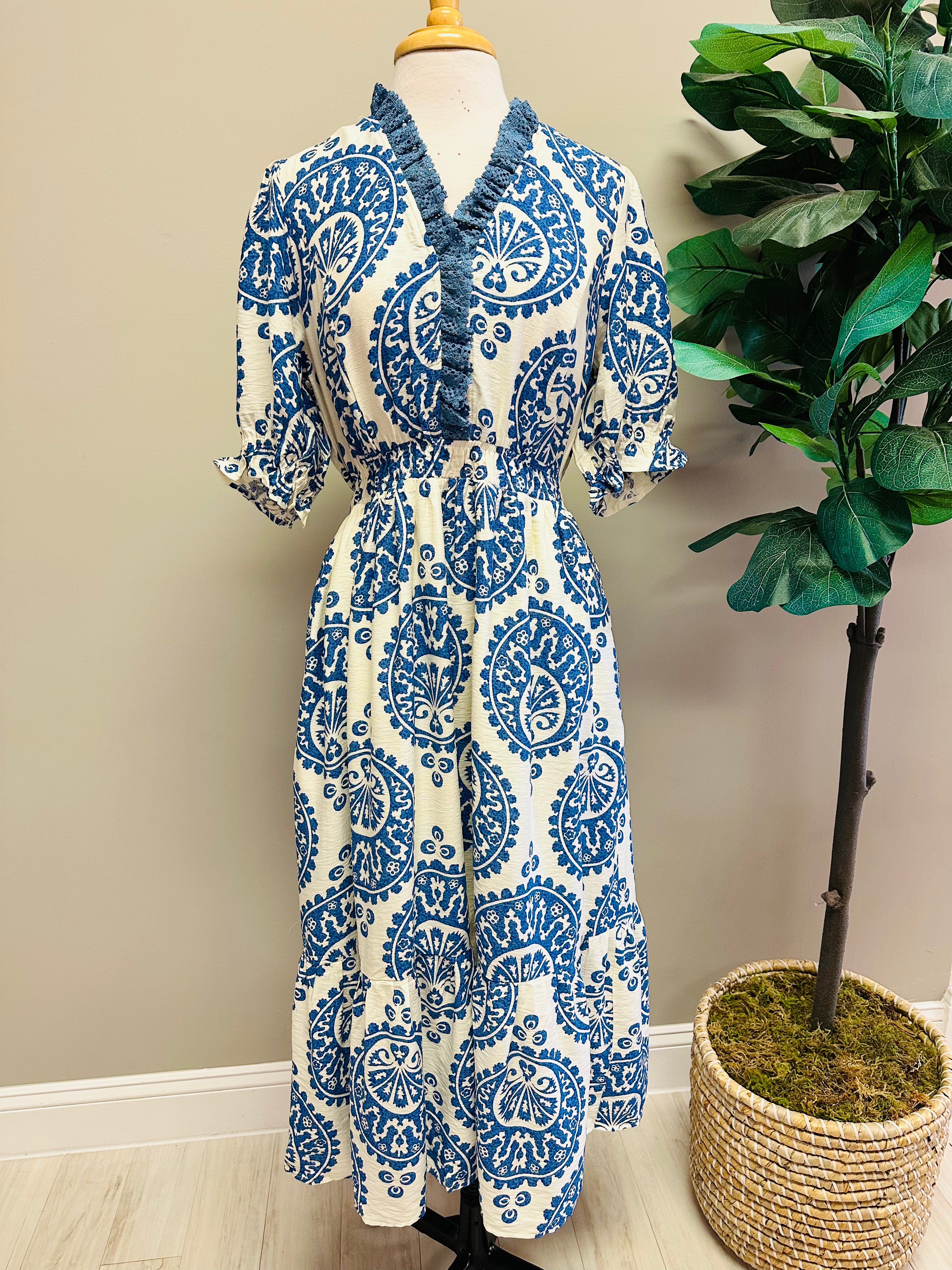 Women’s Umgee Blue Paisley Print Dress with Smocked Waist- True to Size