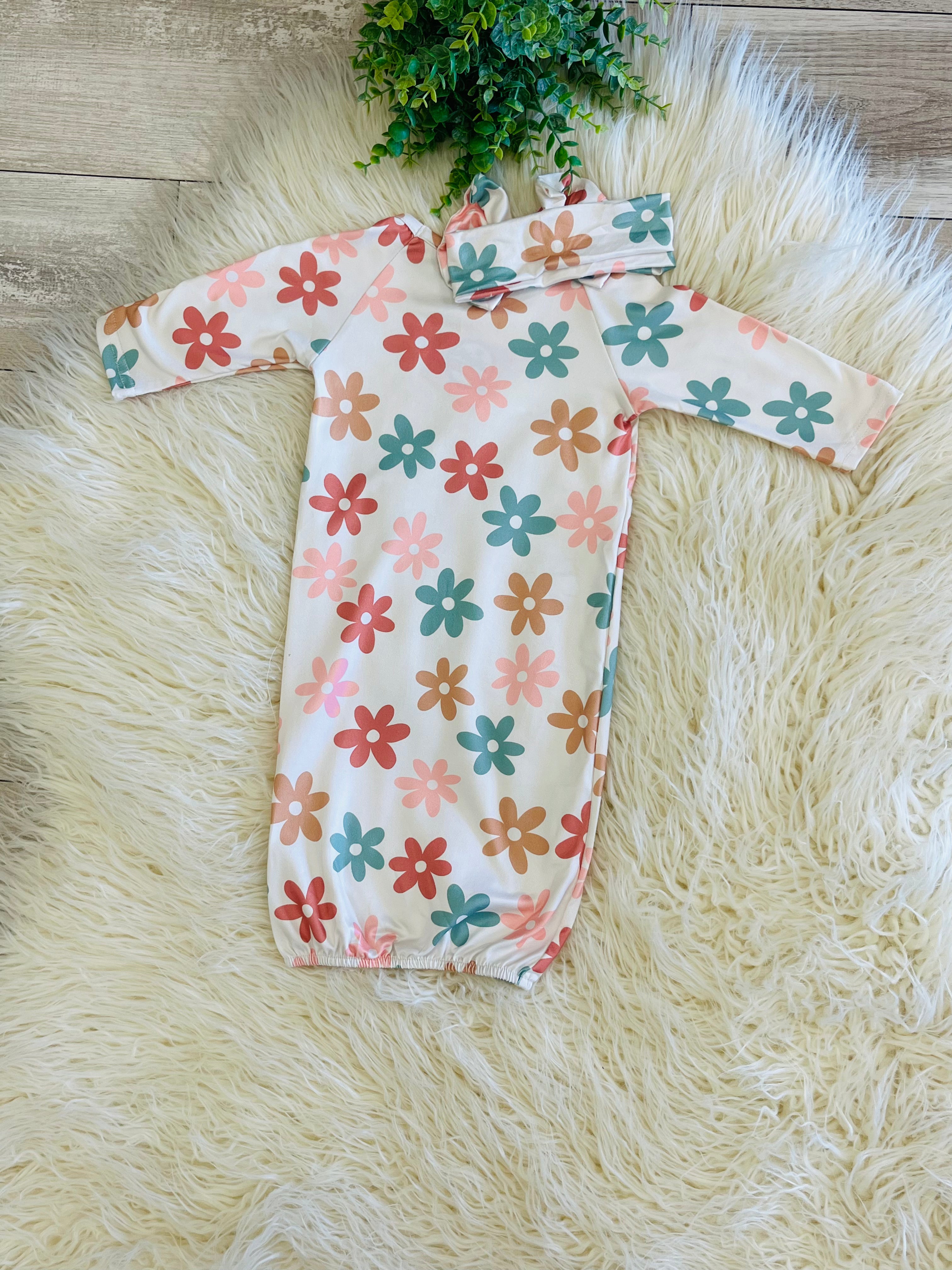 Girl’s Fall Floral Baby Gown with Matching Headband