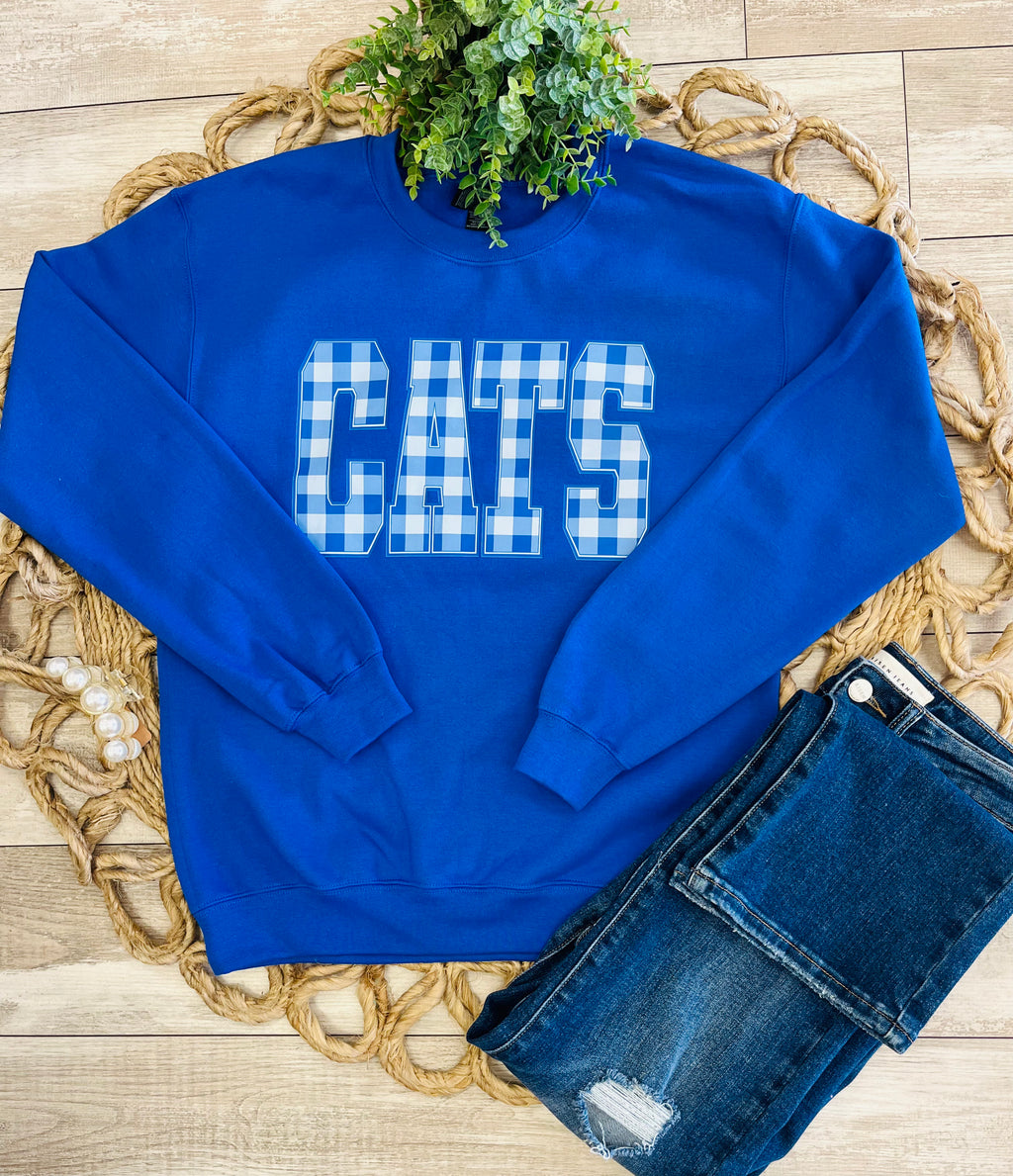 Women’s Royal Blue Crewneck Features blue-and-white gingham “CATS”